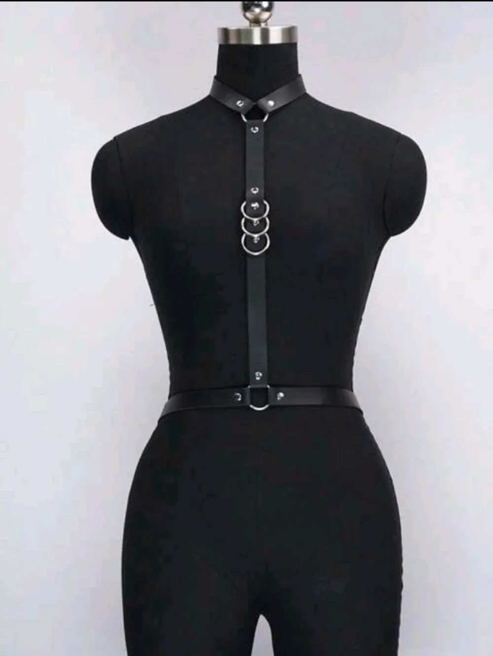 White Lace Bodysuit with Black Leather Harness